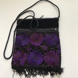 Embroidered black velveteen zippered evening bag